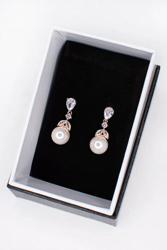 Betty Crystal & Pearl Drop Earring in Rose Gold