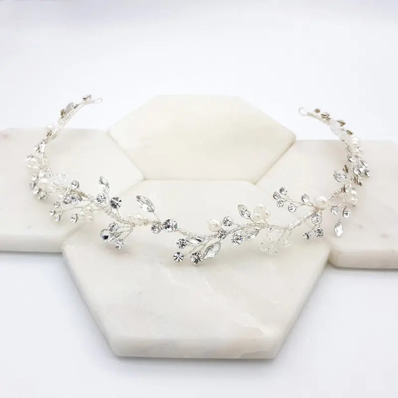 Diana Round Pearl Crystal Headband - Silver