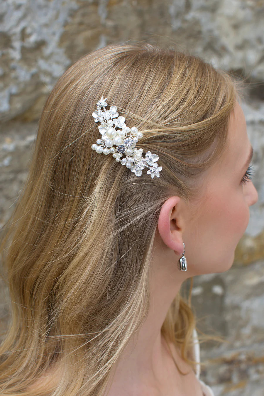 Karina Small Silver Pearl and Flower Bridal Clip