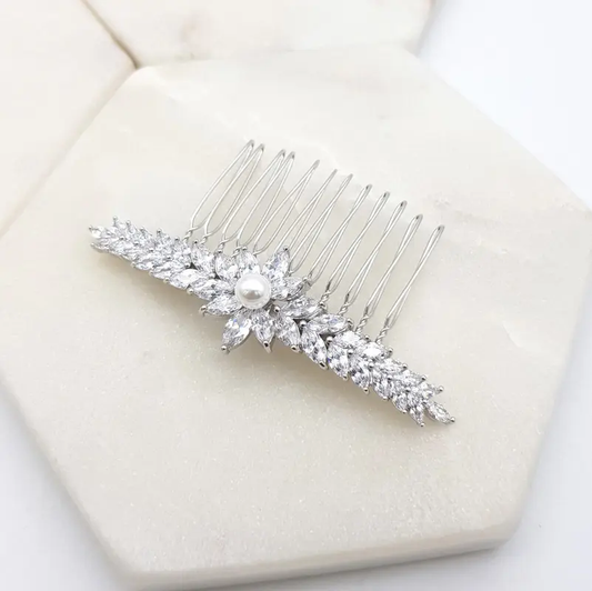 Sparkling Marquise CZ & Ivory Glass Pearls Hair Comb - Silver