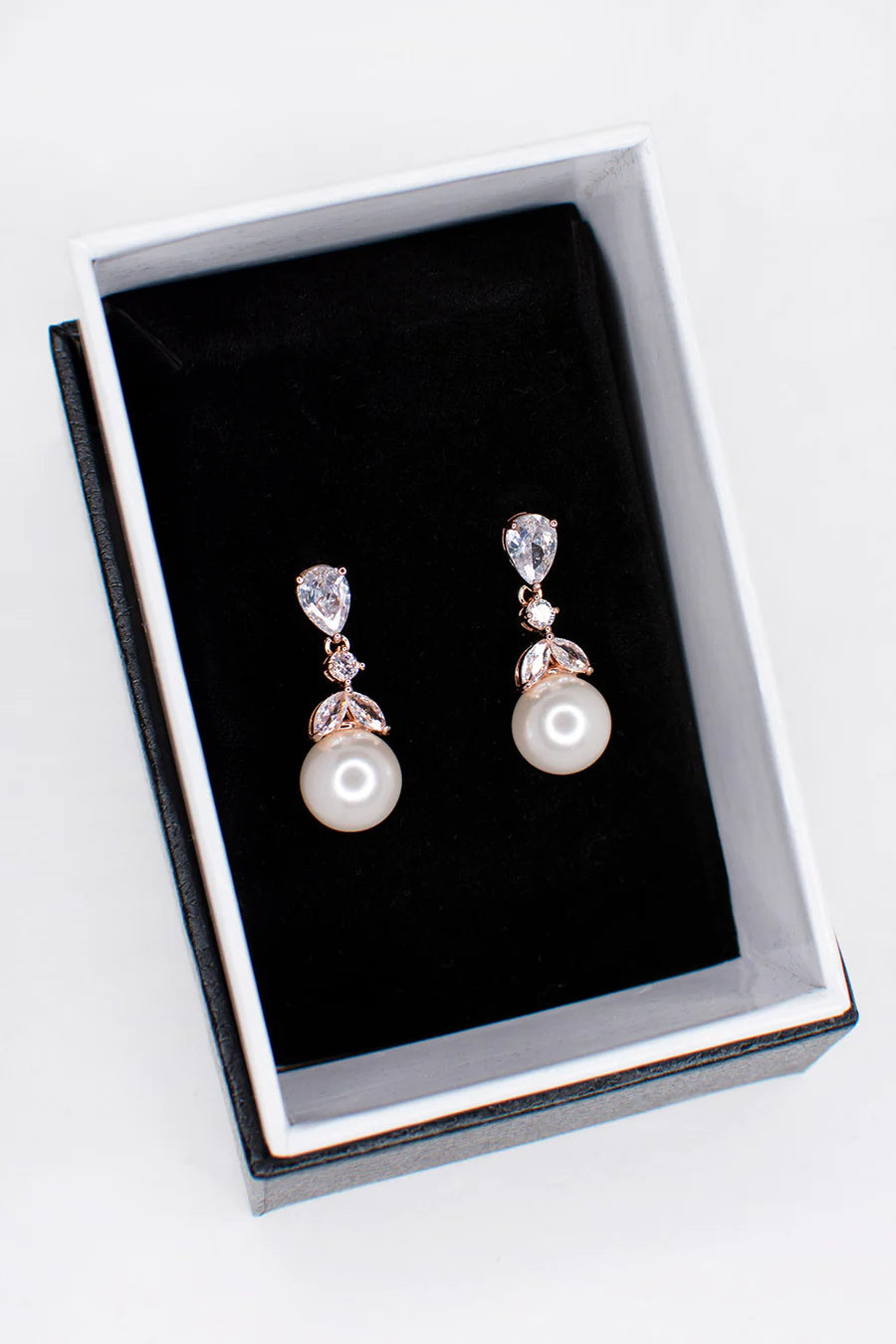 Betty Crystal & Pearl Drop Earring in Rose Gold